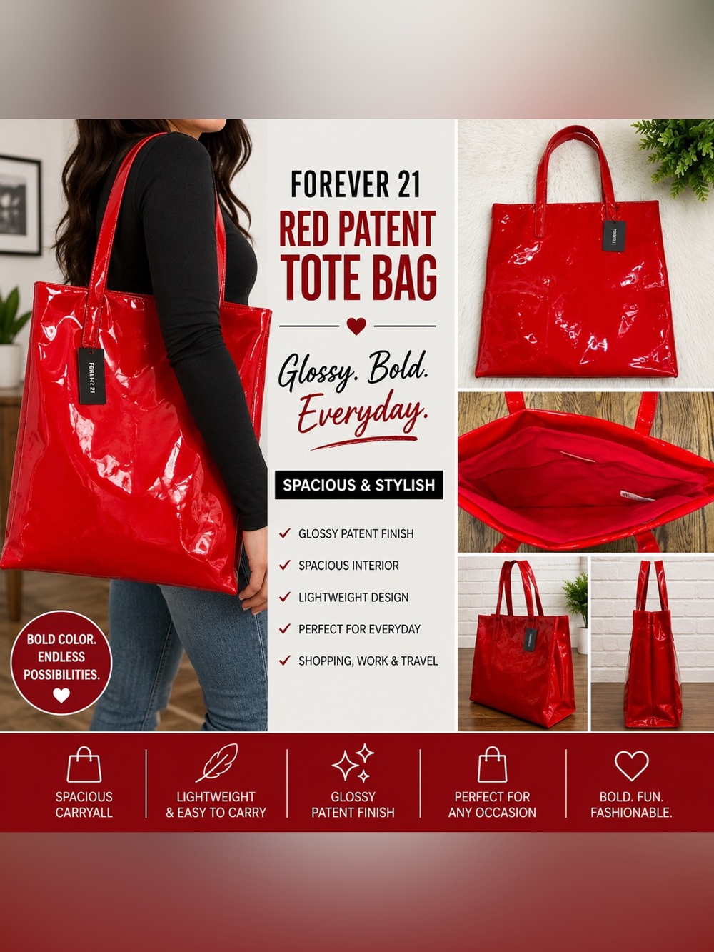 Forever 21 Red Patent Faux Leather Tote Bag Glossy Shopper Tote Large Carryall